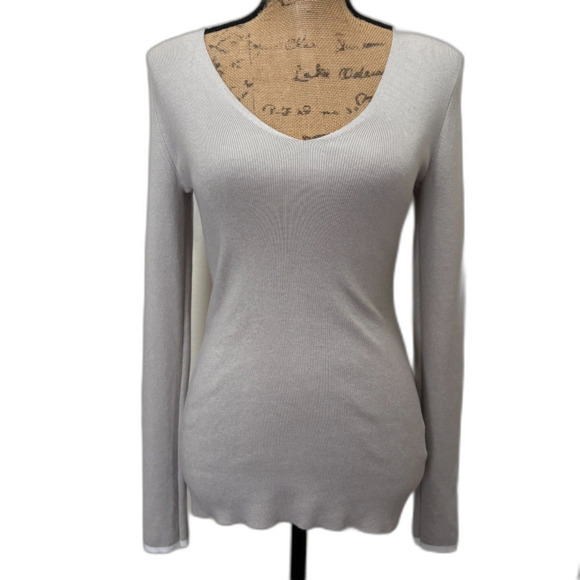 NWT Banana Republic Gray Ribbed V-Neck Fitted Sweater Silk Cotton Size Medium - Picture 1 of 5
